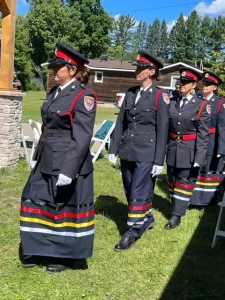 Anishinabek Police Service officers wearing ribbon skirts